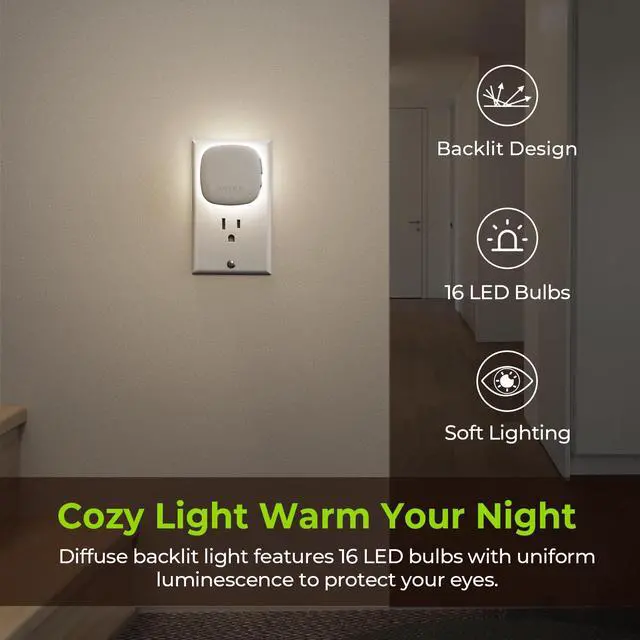 Alt view image 4 of 7 - Plug-in LED Backlit Night Light 4 Packs, Motion & Dusk to Dawn Sensor | 6000K Cool White Nightlight with 1-50lm Dimmable Brightness for Bedroom, Bathroom, Hallway, Kitchen, Garage, Nursery