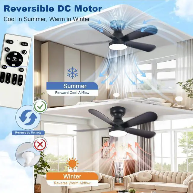 Alt view image 3 of 7 - Black Ceiling Fan with Lights: 35-Inch Flush Mount Fan with Light and Remote - Low Profile Ceiling Fans Reversible Quiet DC Motor for Bedroom Living Room Indoor Outdoor