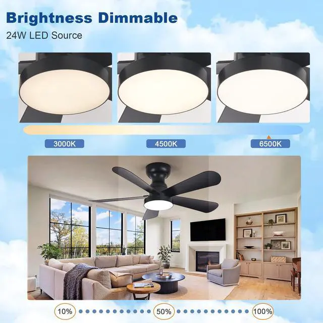 Alt view image 4 of 7 - Black Ceiling Fan with Lights: 35-Inch Flush Mount Fan with Light and Remote - Low Profile Ceiling Fans Reversible Quiet DC Motor for Bedroom Living Room Indoor Outdoor