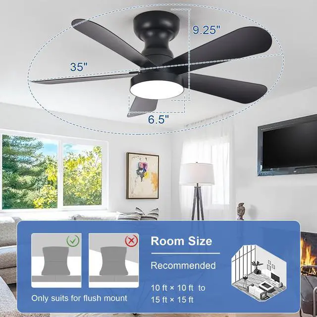 Alt view image 2 of 7 - Black Ceiling Fan with Lights: 35-Inch Flush Mount Fan with Light and Remote - Low Profile Ceiling Fans Reversible Quiet DC Motor for Bedroom Living Room Indoor Outdoor