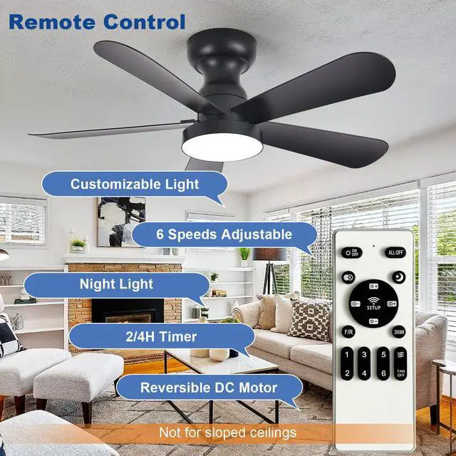 Alt view image 6 of 7 - Black Ceiling Fan with Lights: 35-Inch Flush Mount Fan with Light and Remote - Low Profile Ceiling Fans Reversible Quiet DC Motor for Bedroom Living Room Indoor Outdoor