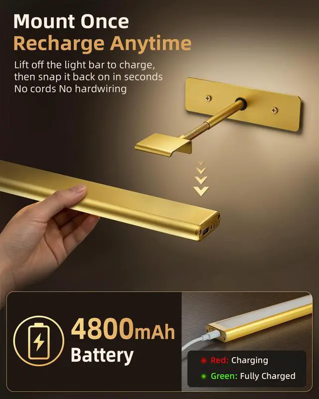 Alt view image 3 of 7 - Picture Light for Wall, 4800mAh Rechargeable Wireless Remote, 16 Dimmable Magnetic LED Art Display Light with 3 Color Temperatures, for Gallery, Living Room, Bedroom, Hallway (Gold)