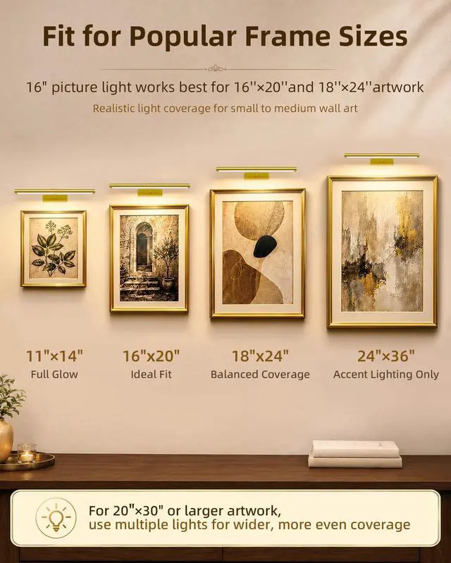 Alt view image 4 of 7 - Picture Light for Wall, 4800mAh Rechargeable Wireless Remote, 16 Dimmable Magnetic LED Art Display Light with 3 Color Temperatures, for Gallery, Living Room, Bedroom, Hallway (Gold)