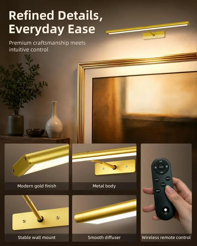 Alt view image 7 of 7 - Picture Light for Wall, 4800mAh Rechargeable Wireless Remote, 16 Dimmable Magnetic LED Art Display Light with 3 Color Temperatures, for Gallery, Living Room, Bedroom, Hallway (Gold)