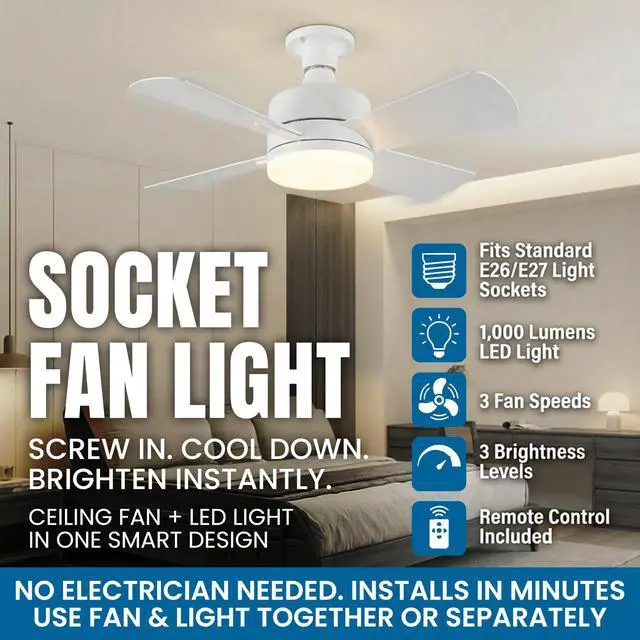 Alt view image 2 of 7 - SOCKET BREEZE 15.4" Socket Fan Light Celing Fan with Remote Control | 1000 Lumens, 3 Speed & Light Modes, Portable Easy to Install Ceiling Fans Replacement for Bedroom, Bathroom, Living Room