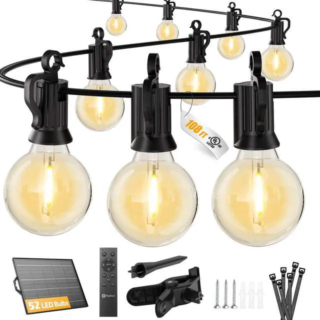 Main image of 108FT 52LED Solar String Lights Outdoor with Remote & USB Port | Shatterproof Bulbs, Dimmable & Timable, 3 Modes, Patio Lights Solar Powered with a Mount Clip for Camping Backyard Garden