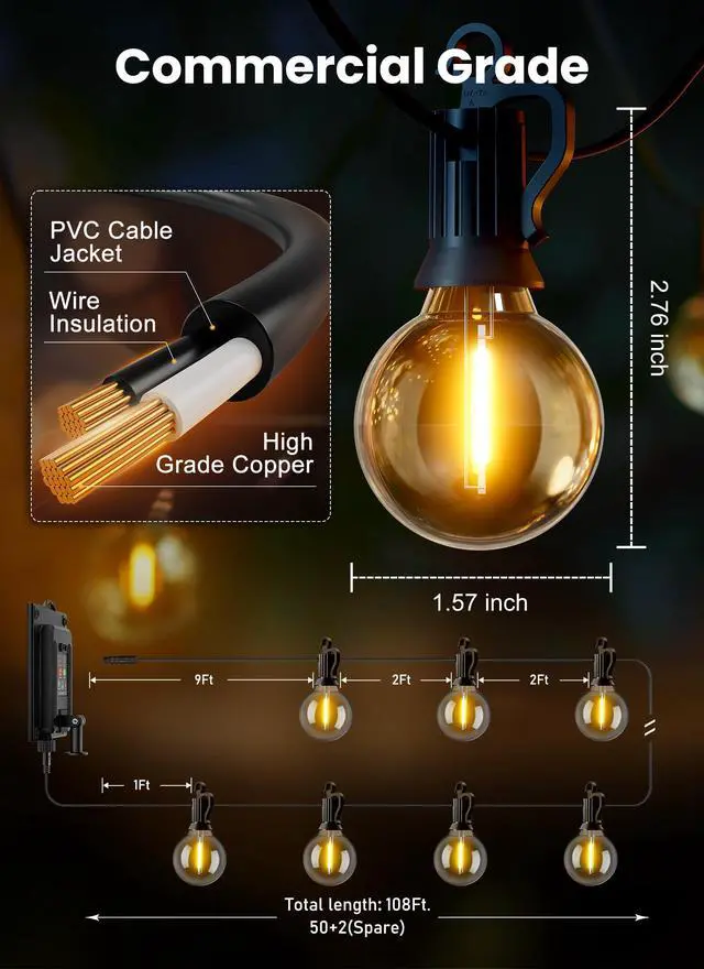 Alt view image 5 of 7 - 108FT 52LED Solar String Lights Outdoor with Remote & USB Port | Shatterproof Bulbs, Dimmable & Timable, 3 Modes, Patio Lights Solar Powered with a Mount Clip for Camping Backyard Garden