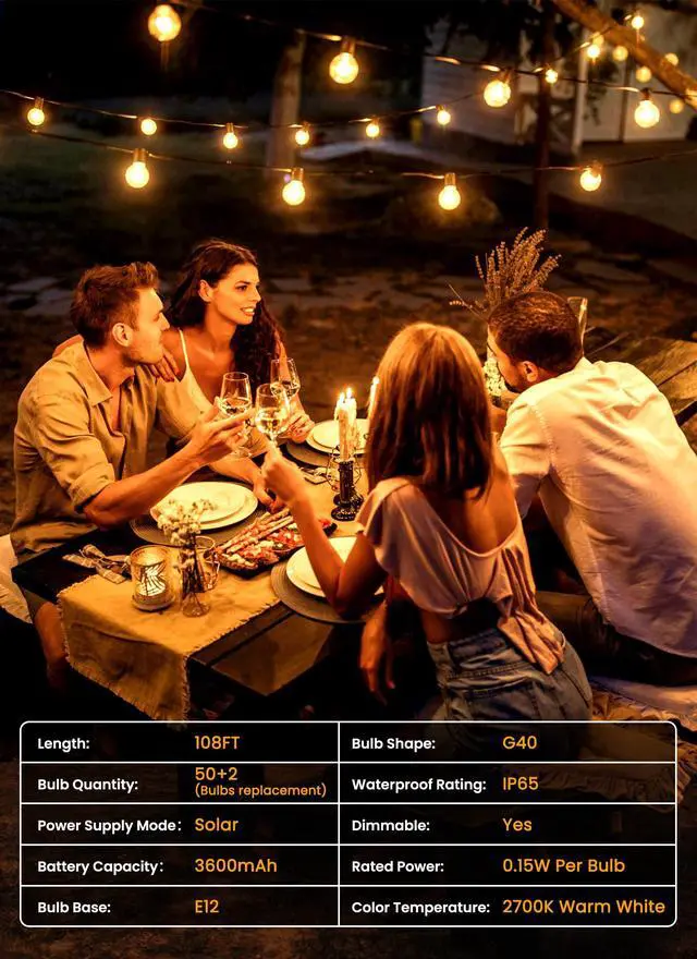 Alt view image 7 of 7 - 108FT 52LED Solar String Lights Outdoor with Remote & USB Port | Shatterproof Bulbs, Dimmable & Timable, 3 Modes, Patio Lights Solar Powered with a Mount Clip for Camping Backyard Garden