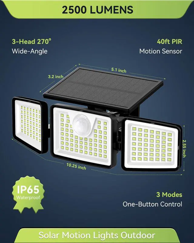 Alt view image 2 of 7 - 2500LM Solar Lights, Motion Sensor Outdoor Lights, 3-Head, 2 Pack | 270° Wide-Angle Street & Area Coverage, IP65 Waterproof Security Lighting, 3 Lighting Modes, Non-Remote