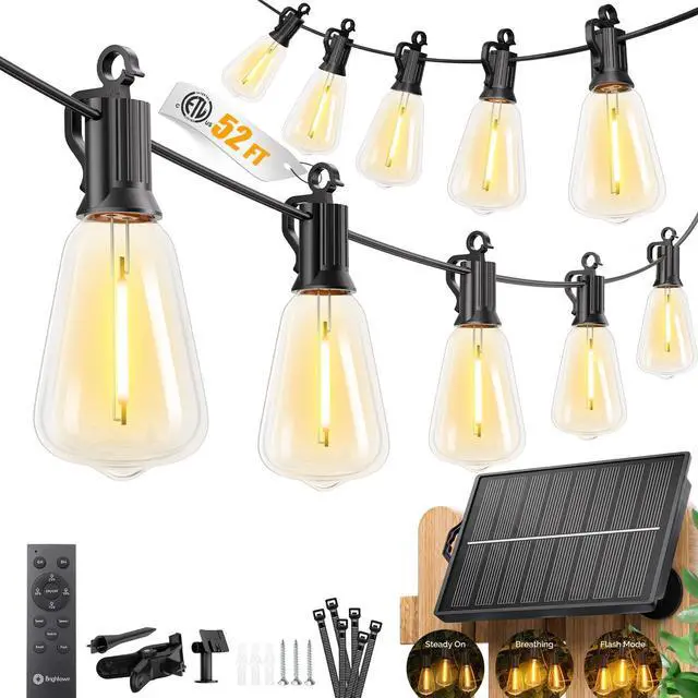 Main image of 52FT Solar String Lights Outdoor Waterproof, 26Hrs Runtime | 15+1 LED Bulbs, USB & Solar Powered, Remote Control & Dimmable Timer, Ideal for Backyard, Garden, Camping & Party Decor