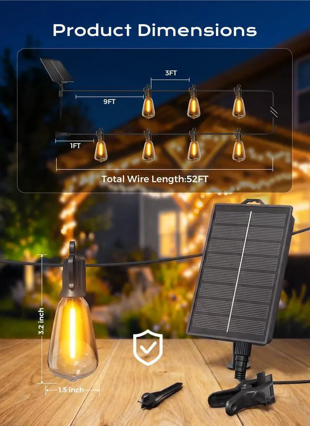Alt view image 6 of 7 - 52FT Solar String Lights Outdoor Waterproof, 26Hrs Runtime | 15+1 LED Bulbs, USB & Solar Powered, Remote Control & Dimmable Timer, Ideal for Backyard, Garden, Camping & Party Decor
