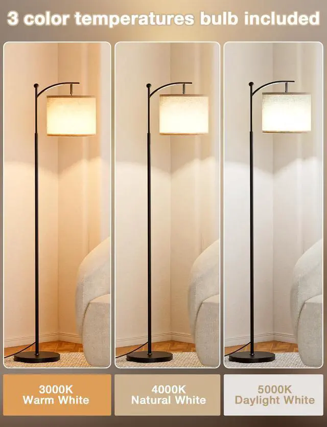 Alt view image 2 of 7 - 60" Modern Floor Lamp with Beige Shade, 9W LED Bulb | 3 Color Temperatures Bulb, Adjustable Linen Shade, Standing Lamps for Living Room Bedroom Office Classroom Dorm, Black Pole