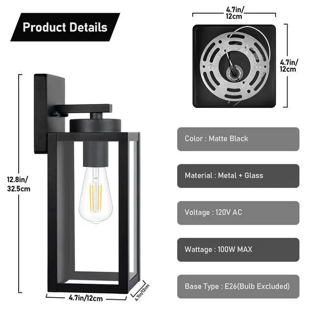 Alt view image 7 of 7 - Outdoor Wall Light Fixtures, Modern Black Exterior Wall Lanterns | Waterproof Metal Construction, Rust-resistant, Quick & Easy Installation, Clear Glass Shades & Standard E26 Socket
