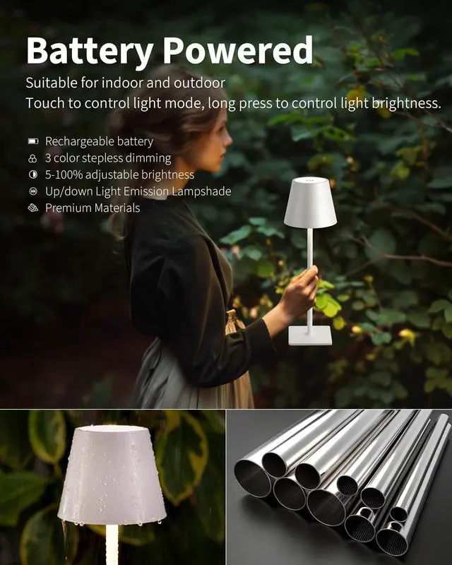 Alt view image 4 of 7 - 2 Pack Cordless White Table Lamps, Rechargeable Portable LED Desk Lamps | 5000mAh Battery Operated 3 Color Stepless Dimming Up for Restaurant, Bedroom, Outdoor Party, Camping, Coffee Shop, Nightlight