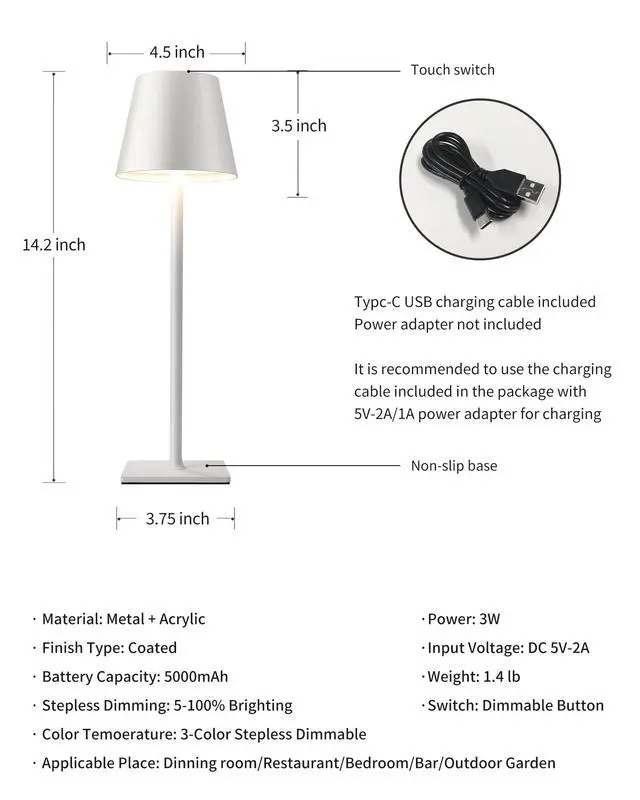 Alt view image 5 of 7 - 2 Pack Cordless White Table Lamps, Rechargeable Portable LED Desk Lamps | 5000mAh Battery Operated 3 Color Stepless Dimming Up for Restaurant, Bedroom, Outdoor Party, Camping, Coffee Shop, Nightlight