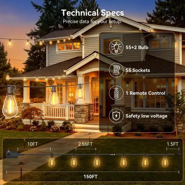 Alt view image 4 of 7 - 150FT Outdoor String Lights with Remote, Waterproof Patio Lights with 55+2 Shatterproof LED Bulbs,Dimmable Hanging Decor for Backyard Garden Porch Bistro, Timer & 3 Modes,2700K Warm White