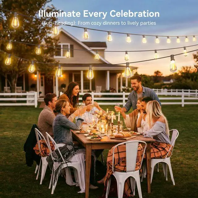 Alt view image 7 of 7 - 150FT Outdoor String Lights with Remote, Waterproof Patio Lights with 55+2 Shatterproof LED Bulbs,Dimmable Hanging Decor for Backyard Garden Porch Bistro, Timer & 3 Modes,2700K Warm White