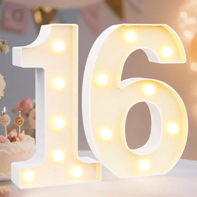 Main image of Decorative Led Light Up Number Letters, White Plastic Marquee Number Lights Sign 16th Birthday Decorations for Girls Boys Party Wedding Decor Battery Operated Number (16)