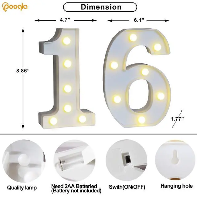 Alt view image 4 of 7 - Decorative Led Light Up Number Letters, White Plastic Marquee Number Lights Sign 16th Birthday Decorations for Girls Boys Party Wedding Decor Battery Operated Number (16)