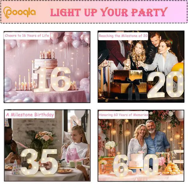 Alt view image 5 of 7 - Decorative Led Light Up Number Letters, White Plastic Marquee Number Lights Sign 16th Birthday Decorations for Girls Boys Party Wedding Decor Battery Operated Number (16)