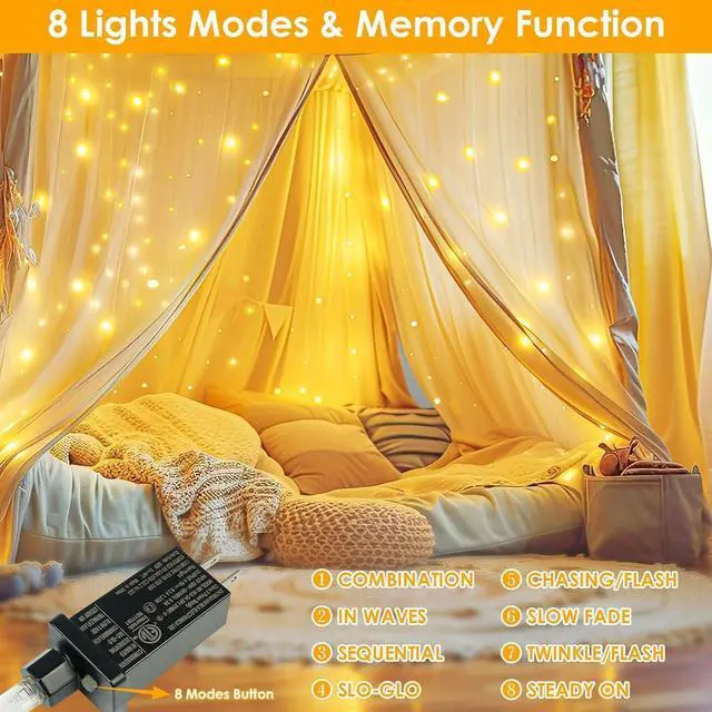 Alt view image 4 of 7 - 2 Pack 132FT 400 LED Fairy Lights with Remote, Plug in Twinkle Lights | 8 Modes, Timer, Dimmable, Memory Function, Waterproof Warm White String Lights for Bedroom Garden Party Christmas Decor
