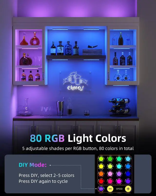 Alt view image 2 of 7 - 80RGB Color Changing Under Cabinet Lighting, Led Shelf Lights | Wireless, Rechageable, Magnetic, Remote Control, Color Changing, Diammble, DIY Mode, 1800mAh Battery, Memory Function