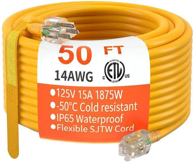 Main image of 14/3 Gauge Heavy Duty Outdoor Extension Cord 50 FT Waterproof | 50 Foot 14 Gauge Outdoor Extension Cord with Lighted, Heavy Duty Extension Cord Waterproof, 15A 1875W 125V, ETL Listed