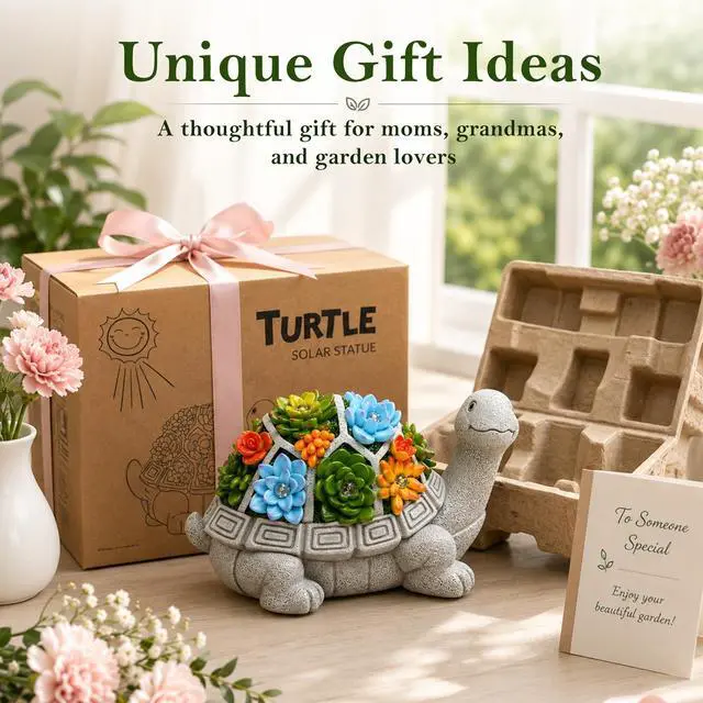Alt view image 2 of 7 - Solar Garden Outdoor Statues Turtle with Succulent | 7 LED Lights, Lawn Decor Statue for Patio, Balcony, Yard Ornament, Gifts for Mom Grandma Women
