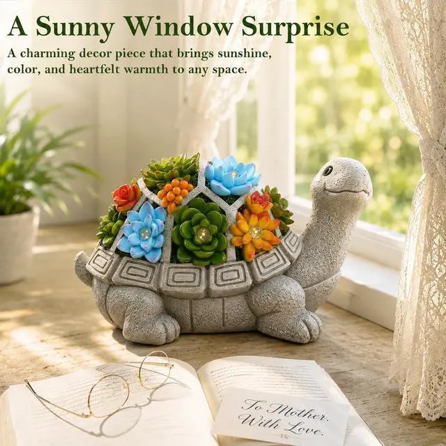 Alt view image 3 of 7 - Solar Garden Outdoor Statues Turtle with Succulent | 7 LED Lights, Lawn Decor Statue for Patio, Balcony, Yard Ornament, Gifts for Mom Grandma Women