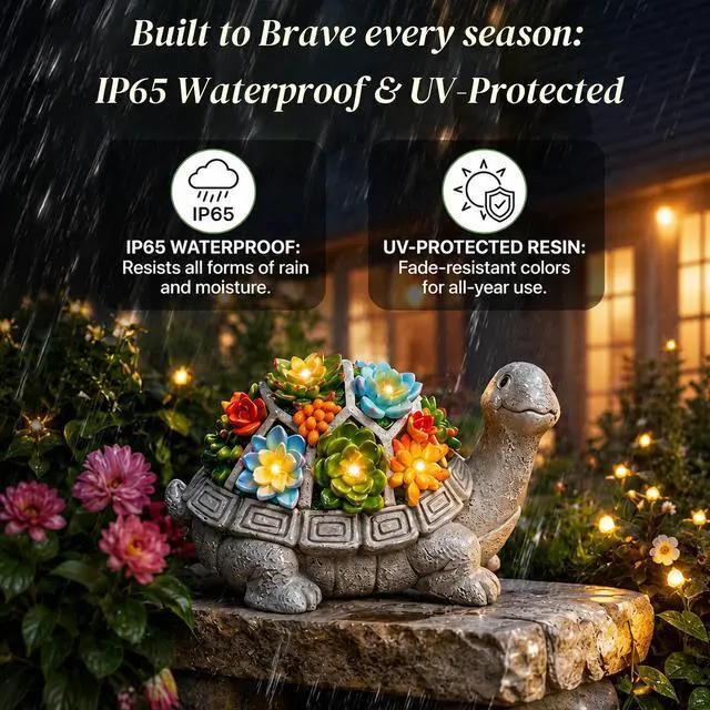 Alt view image 6 of 7 - Solar Garden Outdoor Statues Turtle with Succulent | 7 LED Lights, Lawn Decor Statue for Patio, Balcony, Yard Ornament, Gifts for Mom Grandma Women