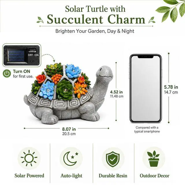 Alt view image 7 of 7 - Solar Garden Outdoor Statues Turtle with Succulent | 7 LED Lights, Lawn Decor Statue for Patio, Balcony, Yard Ornament, Gifts for Mom Grandma Women