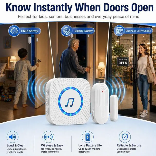 Alt view image 2 of 7 - Door Chime Alarm When Open for Kids Safety, Home and Business | Get an instant chime or alarm when a door opens, with 26 tones and adjustable volume for kids safety, home, and business