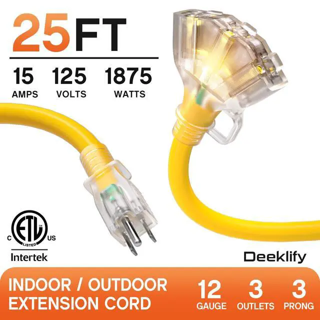 Alt view image 2 of 7 - 25 FT 12 Gauge Heavy Duty Extension Cord with Multiple Outlets | 25 Feet 3 Outlet Yellow Extension Cord Heavy Duty, Indicator, Flexible Waterproof SJTW, 15A 1875W, ETL Listed, Home/Garden