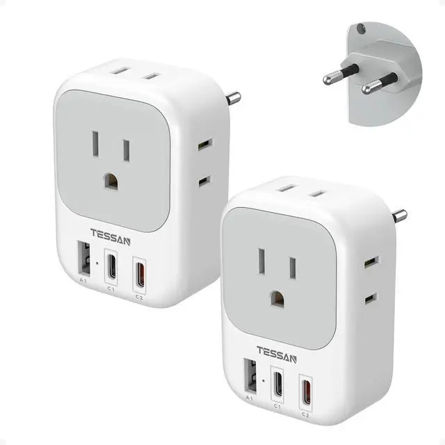 Main image of 2 Pack European Travel Plug Adapter PD 20W, 3 USB Ports (2 USB C) | 4 American Outlets, No Voltage Conversion, Type C Plug Adapter, for Europe EU Euro Italy Spain France Greece Iceland Germany