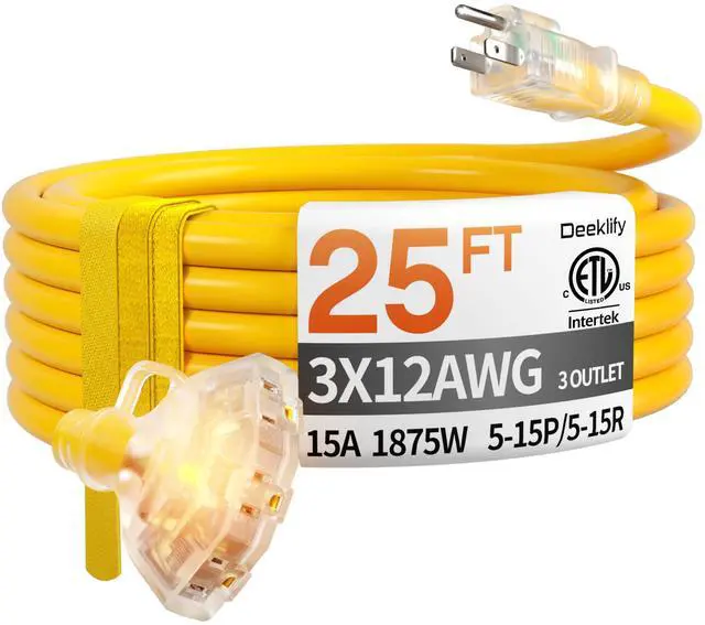 Main image of 25 FT 12 Gauge Heavy Duty Extension Cord with Multiple Outlets | 25 Feet 3 Outlet Yellow Extension Cord Heavy Duty, Indicator, Flexible Waterproof SJTW, 15A 1875W, ETL Listed, Home/Garden