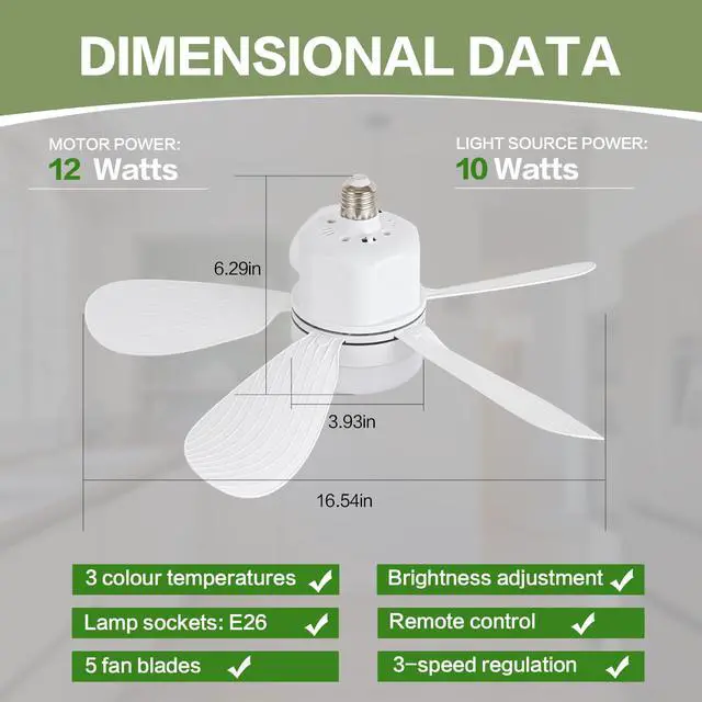 Alt view image 6 of 6 - Socket Fan Light with Remote Control, Portable Small Ceiling Fan with Lights for Bedroom, Kitchen, Living Room, with Dimming Function, 1000 Lumens, Screws into E26/E27, 16.54 Inches Diameter