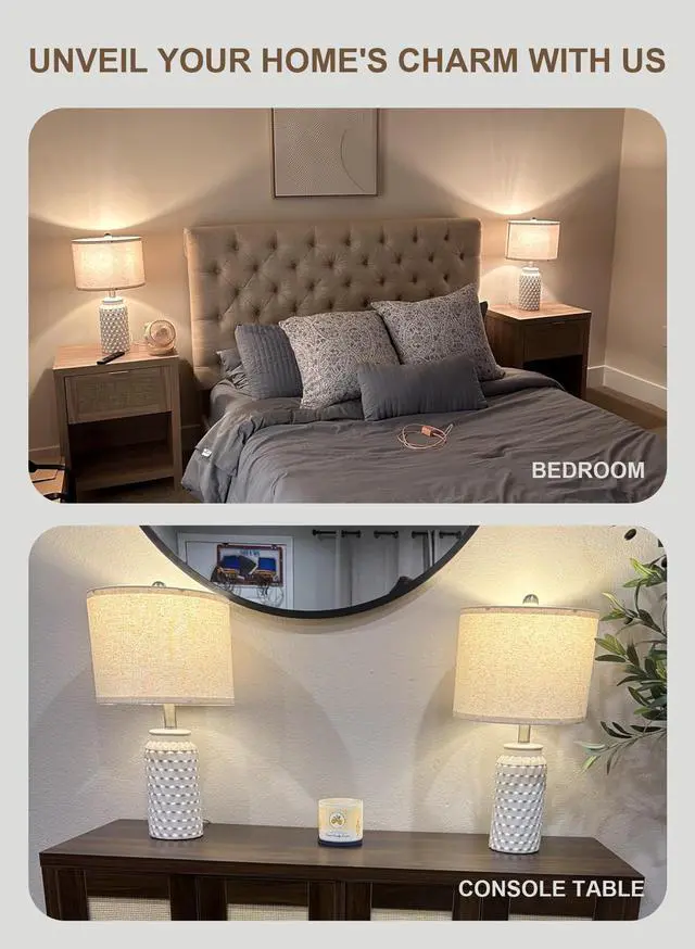 Alt view image 2 of 7 - 20.5" White Modern Ceramic Bedside Lamps Set of 2, Small Table Lamp for Bedroom Decor Farmhouse Nightstand Lamp for Living Room Office