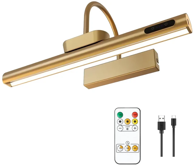 Main image of LYTARA Dimmable Cordless Picture Light with Controller and Timer, Rechargeable 5000mAh Battery Wall Sconce for Wall Pictures, Gallery Artwork, Paintings, Portraits, Dartboards (Gold)