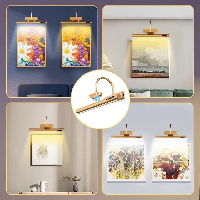 Alt view image 4 of 7 - LYTARA Dimmable Cordless Picture Light with Controller and Timer, Rechargeable 5000mAh Battery Wall Sconce for Wall Pictures, Gallery Artwork, Paintings, Portraits, Dartboards (Gold)