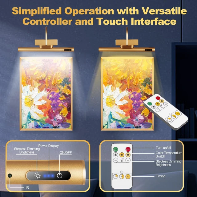 Alt view image 5 of 7 - LYTARA Dimmable Cordless Picture Light with Controller and Timer, Rechargeable 5000mAh Battery Wall Sconce for Wall Pictures, Gallery Artwork, Paintings, Portraits, Dartboards (Gold)