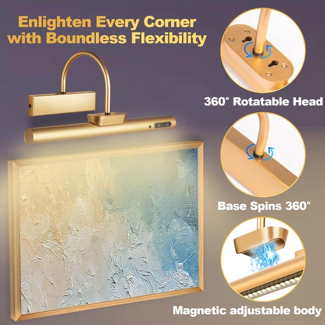 Alt view image 7 of 7 - LYTARA Dimmable Cordless Picture Light with Controller and Timer, Rechargeable 5000mAh Battery Wall Sconce for Wall Pictures, Gallery Artwork, Paintings, Portraits, Dartboards (Gold)