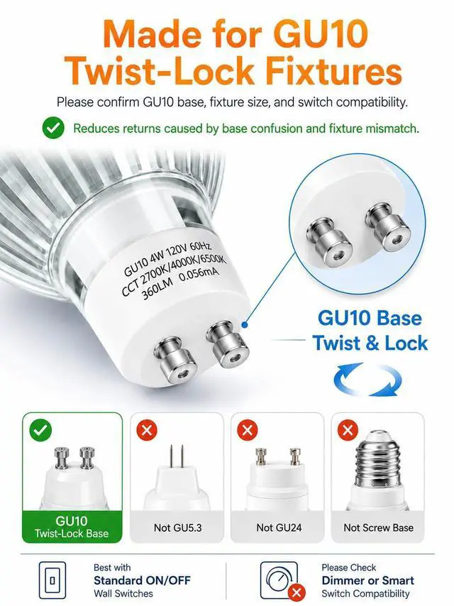 Alt view image 3 of 6 - 6-Pack GU10 LED Bulbs Color Changing - 4 Watt Light Bulbs for Recessed Lighting, Track Lighting, Accent Lights(Not for Candle Warmers) - MR16 Shape