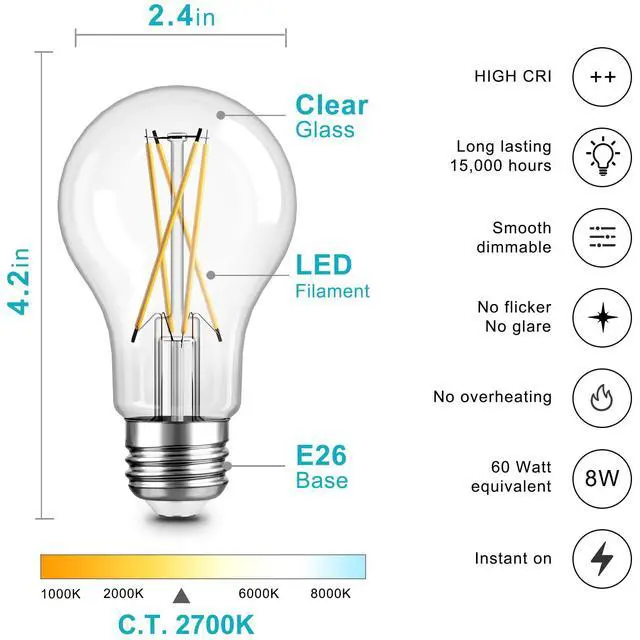 Alt view image 2 of 7 - A19 Vintage Dimmable LED Light Bulbs, E26 Base 60W Equivalent, 6 Pack | 2700K Warm White, 8W, 800 Lumens High Brightness, CRI 80+, Clear Glass Edison Filament, for Home, Farmhouse