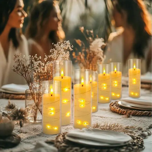 Alt view image 3 of 7 - 24 Pcs LED Flameless Candles with Remote, 3D Flickering Flame & LED String Lights, Acrylic Clear Cylinder, Timer Function, Romantic Ambience for Home Decor, Party, Wedding (Ivory)