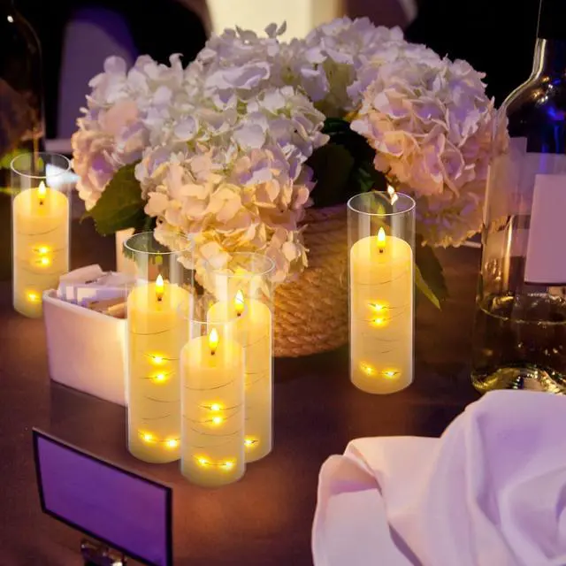 Alt view image 4 of 7 - 24 Pcs LED Flameless Candles with Remote, 3D Flickering Flame & LED String Lights, Acrylic Clear Cylinder, Timer Function, Romantic Ambience for Home Decor, Party, Wedding (Ivory)