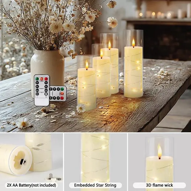 Alt view image 5 of 7 - 24 Pcs LED Flameless Candles with Remote, 3D Flickering Flame & LED String Lights, Acrylic Clear Cylinder, Timer Function, Romantic Ambience for Home Decor, Party, Wedding (Ivory)
