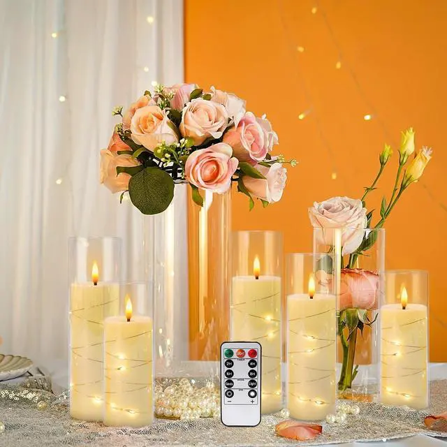 Alt view image 6 of 7 - 24 Pcs LED Flameless Candles with Remote, 3D Flickering Flame & LED String Lights, Acrylic Clear Cylinder, Timer Function, Romantic Ambience for Home Decor, Party, Wedding (Ivory)