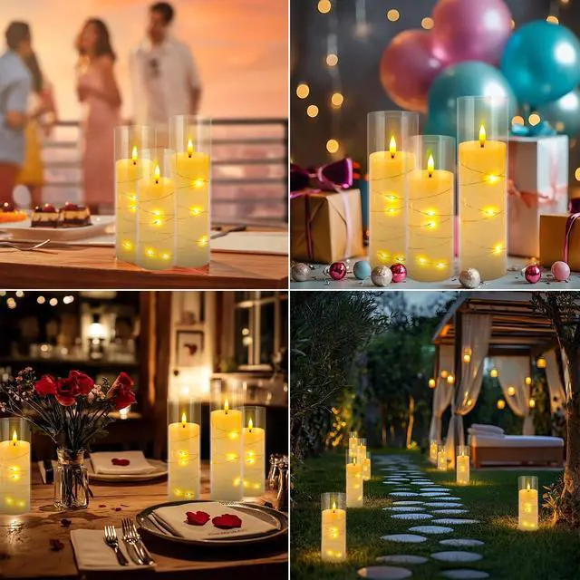 Alt view image 7 of 7 - 24 Pcs LED Flameless Candles with Remote, 3D Flickering Flame & LED String Lights, Acrylic Clear Cylinder, Timer Function, Romantic Ambience for Home Decor, Party, Wedding (Ivory)