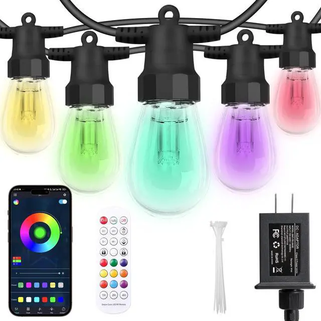 Main image of Outdoor String Lights 50FT, Color Changing Patio Lights, Waterproof | 20 Shatterproof LED Bulbs, Multicolor & Warm White, Dimmable, IP67 Waterproof, APP & Remote, Custom Colors, 24V Low Voltage