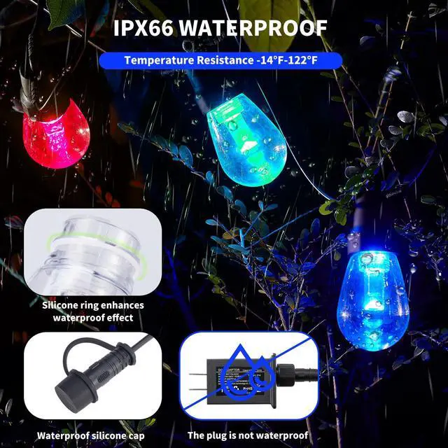 Alt view image 2 of 7 - Outdoor String Lights 50FT, Color Changing Patio Lights, Waterproof | 20 Shatterproof LED Bulbs, Multicolor & Warm White, Dimmable, IP67 Waterproof, APP & Remote, Custom Colors, 24V Low Voltage